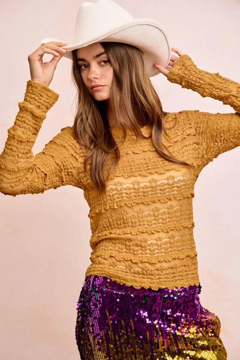 BiBi Ruffles Detail Mardi Gras Color Flower Lace Top in - photo
