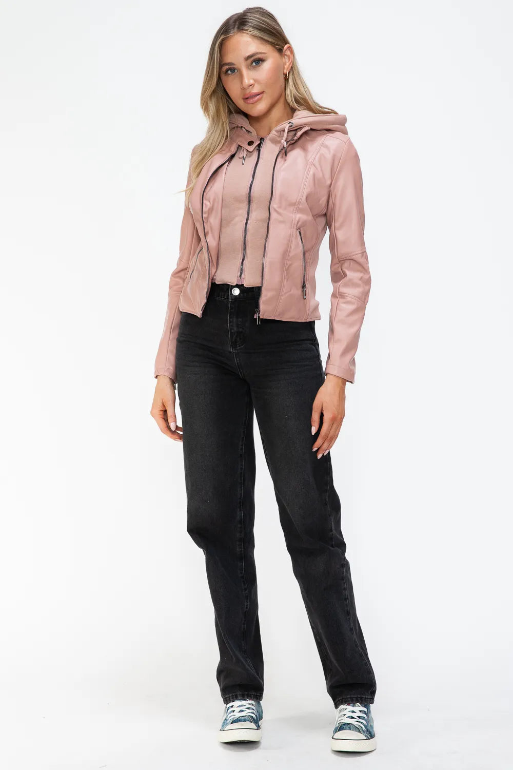 Snobbish Faux Leather Zip Up Drawstring Hooded Jacket in - photo