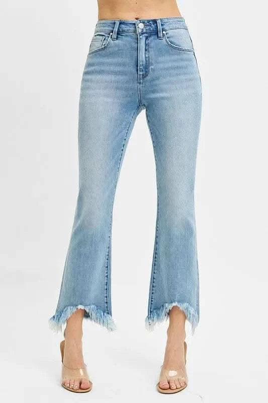 RISEN Full Size High Rise Crop Bootcut Fray Hem Jeans Plus Size in LIGHT - photo