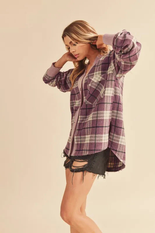 Aemi + Co Side Slit Patch Pocket Plaid Button Down Jacket in - photo
