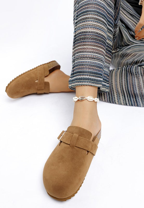 Ratiha Buckle Accent Slip-On Footbed Mules in Tan - photo