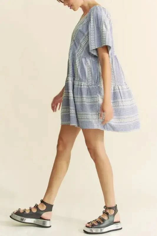 Davi & Dani Embroidered Stripe Ruffled Gingham Mini Dress in - photo