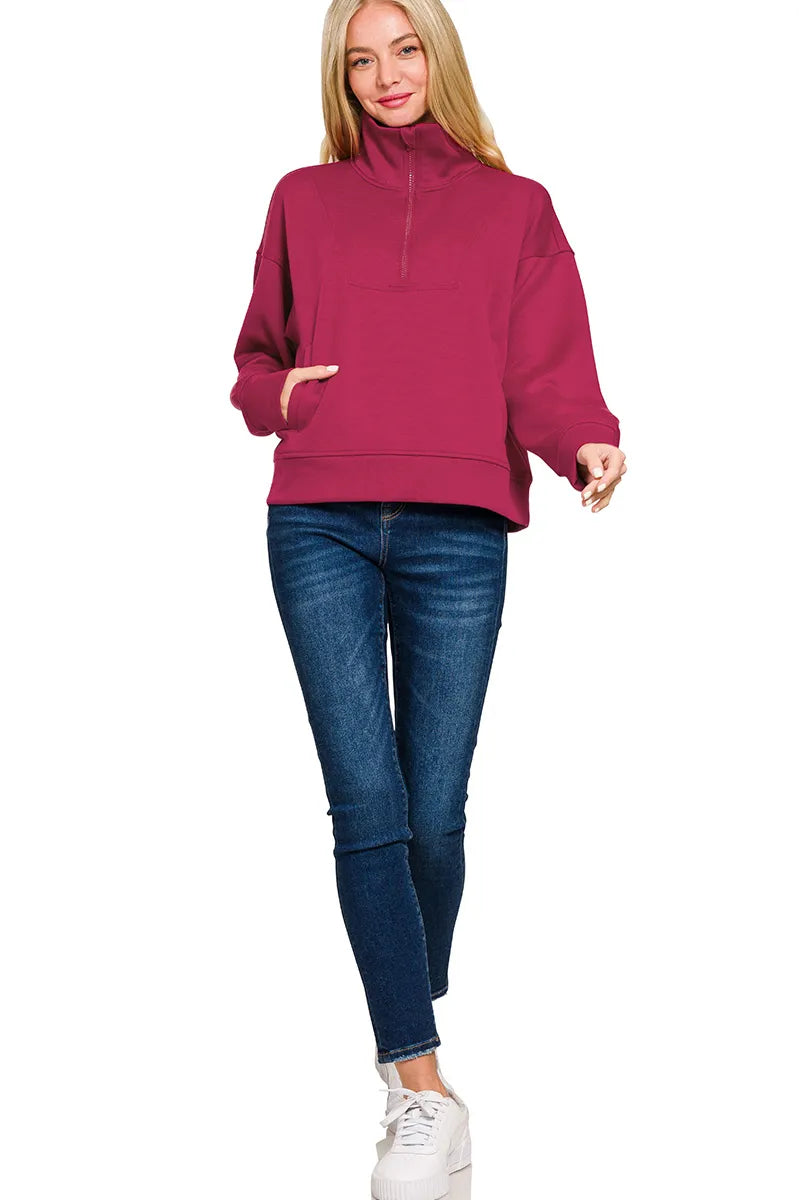 Zenana Scuba Half Zip Sweatshirt with Pockets - SwagglyLife Home & Fashion