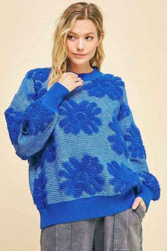 Davi & Dani Flower Texture Round Neck Dropped Shoulder Sweater - SwagglyLife Home & Fashion