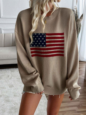Devine US Flag Round Neck Long Sleeve Knit Top - SwagglyLife Home & Fashion Devine US Flag Round Neck Long Sleeve Knit Top - SwagglyLife Home & Fashion