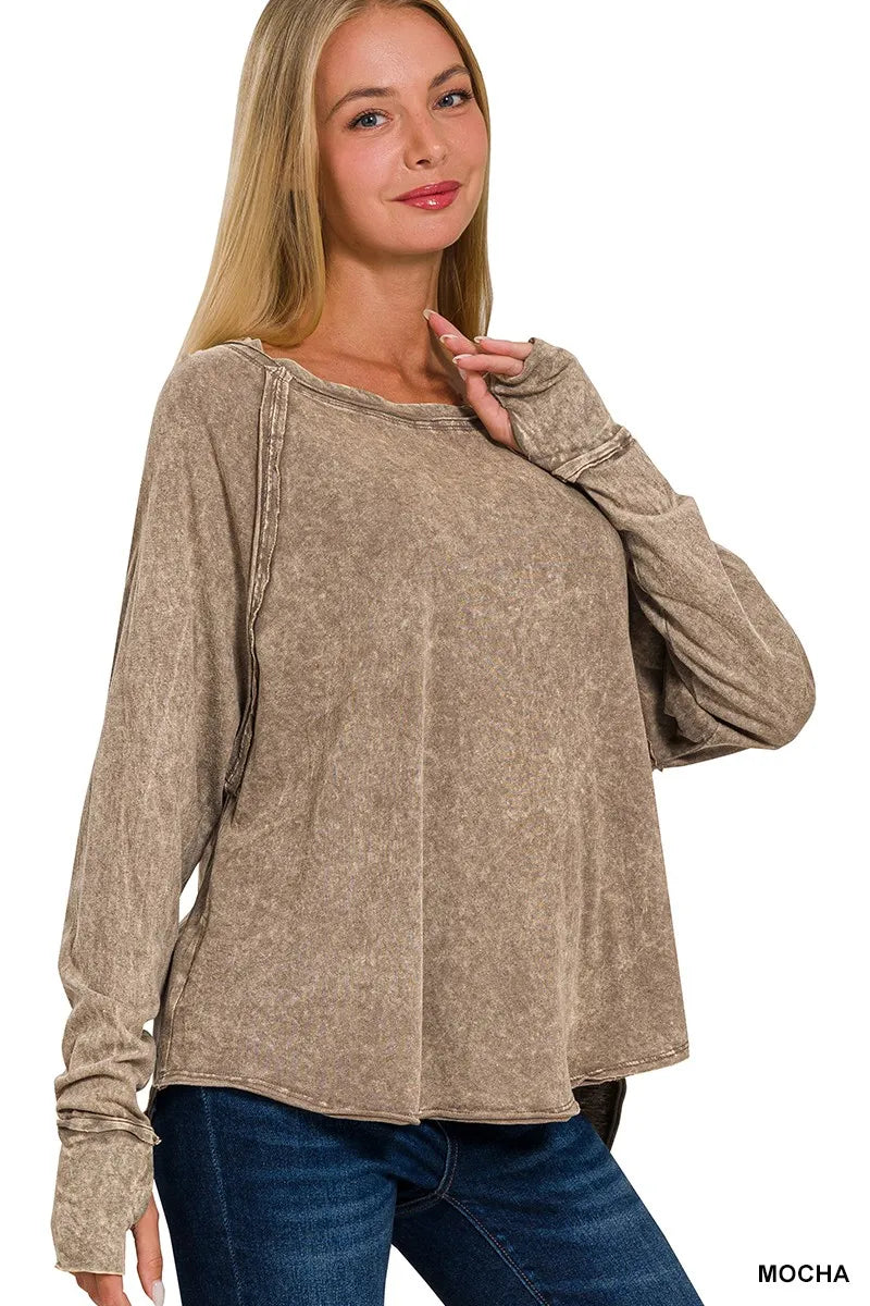 Zenana Crinkle Washed Thumb Hole Cuffs Long Sleeve Top in MOCHA - photo