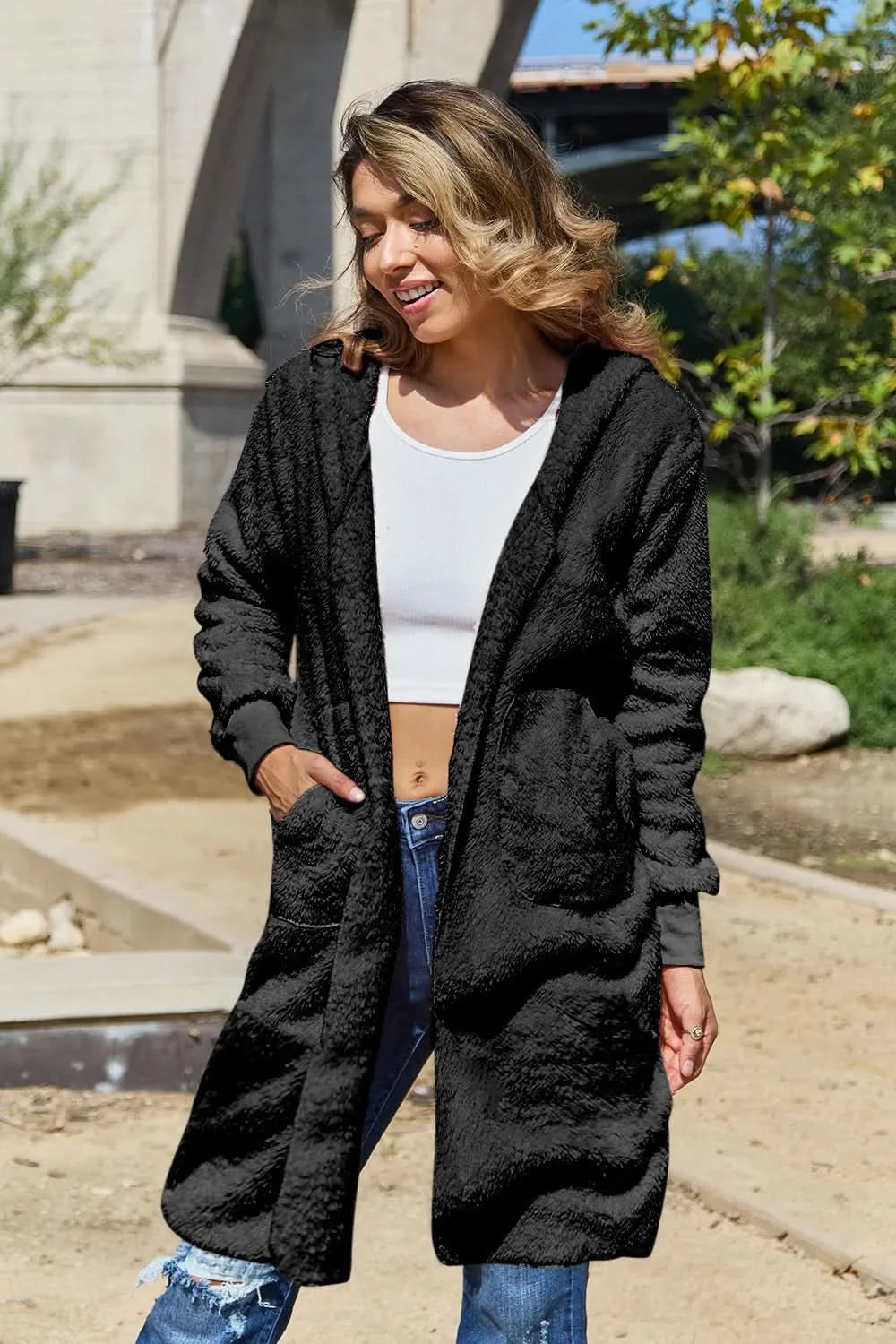 Double Take Full Size Hooded Teddy Bear Jacket with Thumbholes in Black - photo