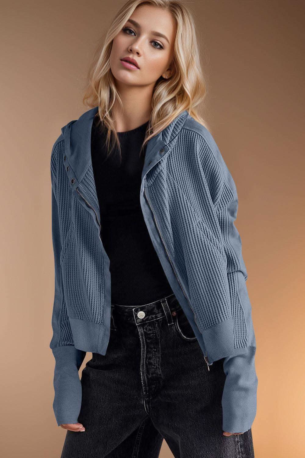 Double Take Waffle-Knit Zip Up Long Sleeve Hooded Jacket in Dusty Blue - photo