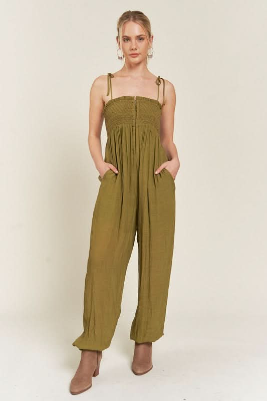 Jade By Jane Smocked Tie Strap Jumpsuit-Plus Size in OLIVE - photo