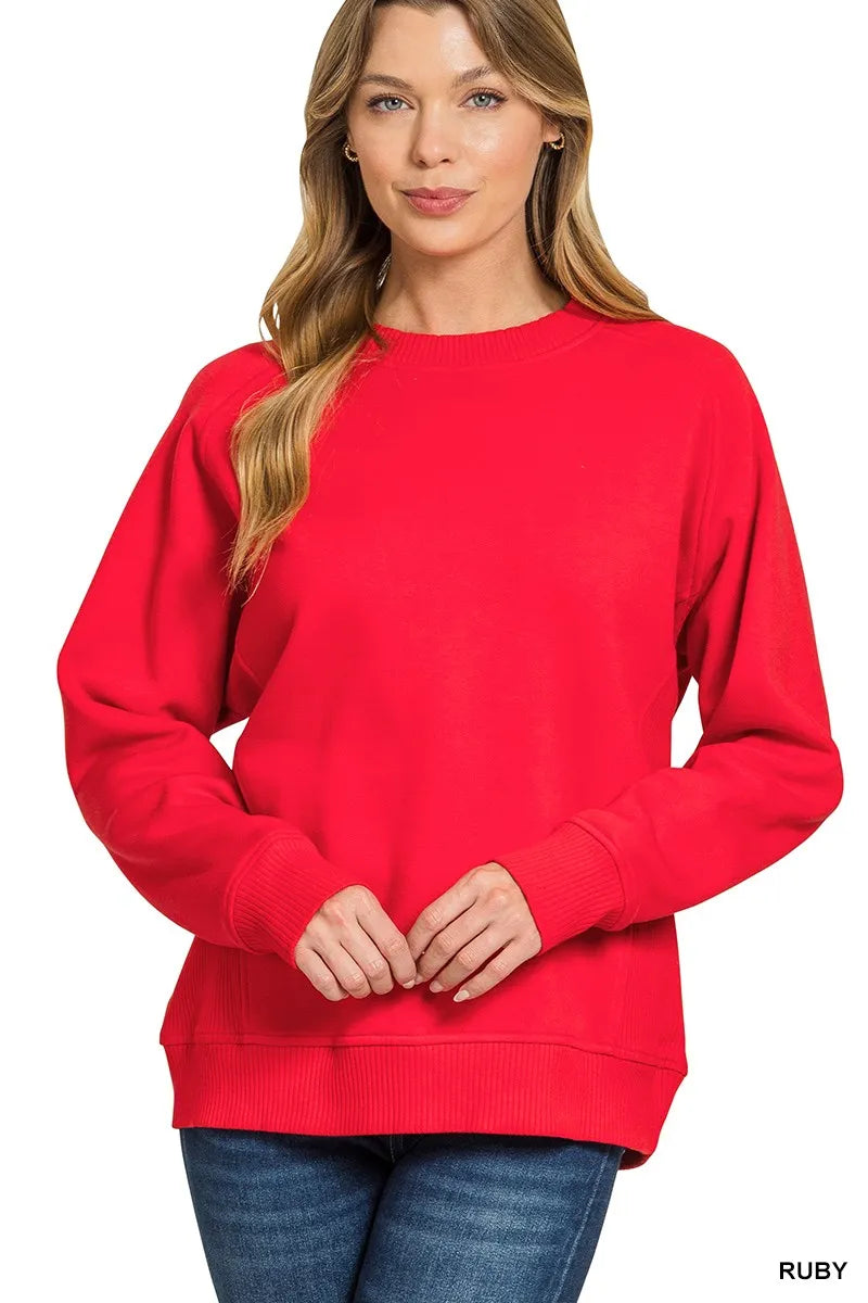 Zenana Fleece Round Neck Ribbed Side Raglan Sweatshirt in RUBY - photo