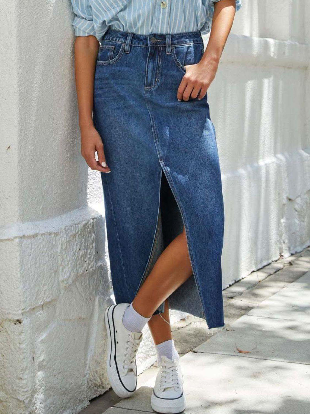 Raw Hem Front Slit Denim Midi Skirt - SwagglyLife Home & Fashion
