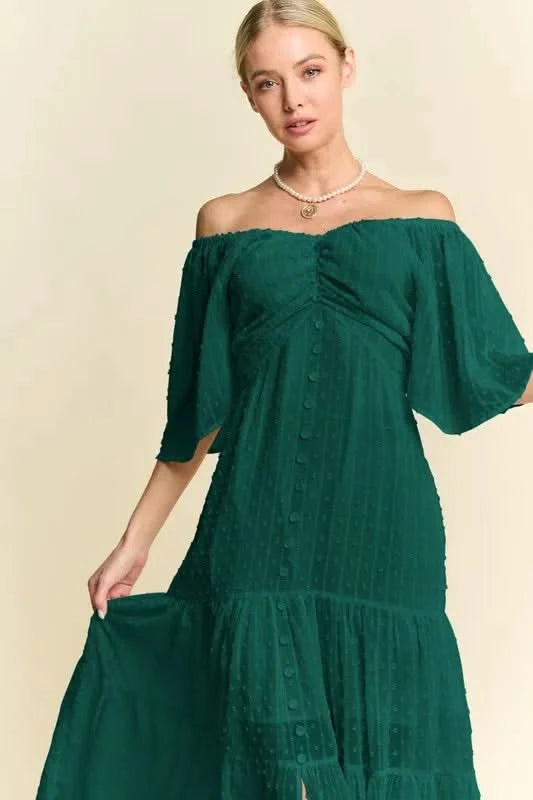 Davi & Dani Swiss Dotted Ruched Ruffle Open Back Midi Dress in - photo