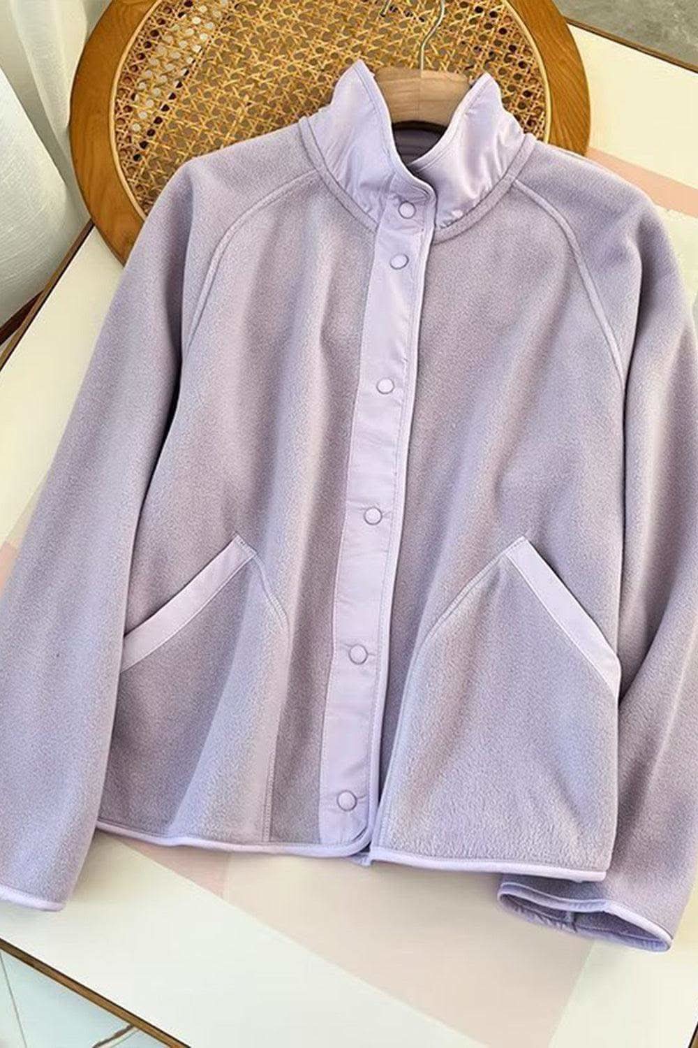 Double Take Snap Down Contrast Fleece Jacket with Pockets in - photo