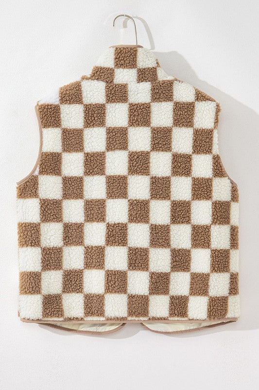 Checker Sherpa Collared Jacket Vest in - photo