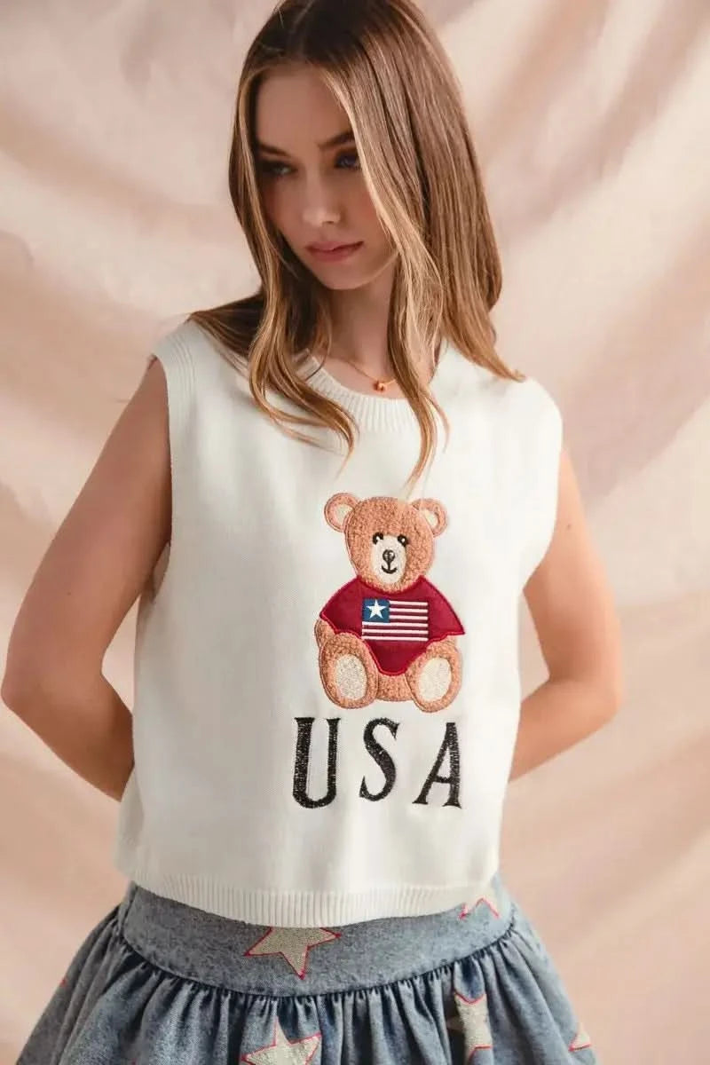 SO ME Teddy Bear Wearing An American Flag With Usa Embroidered Sweater Vest in - photo