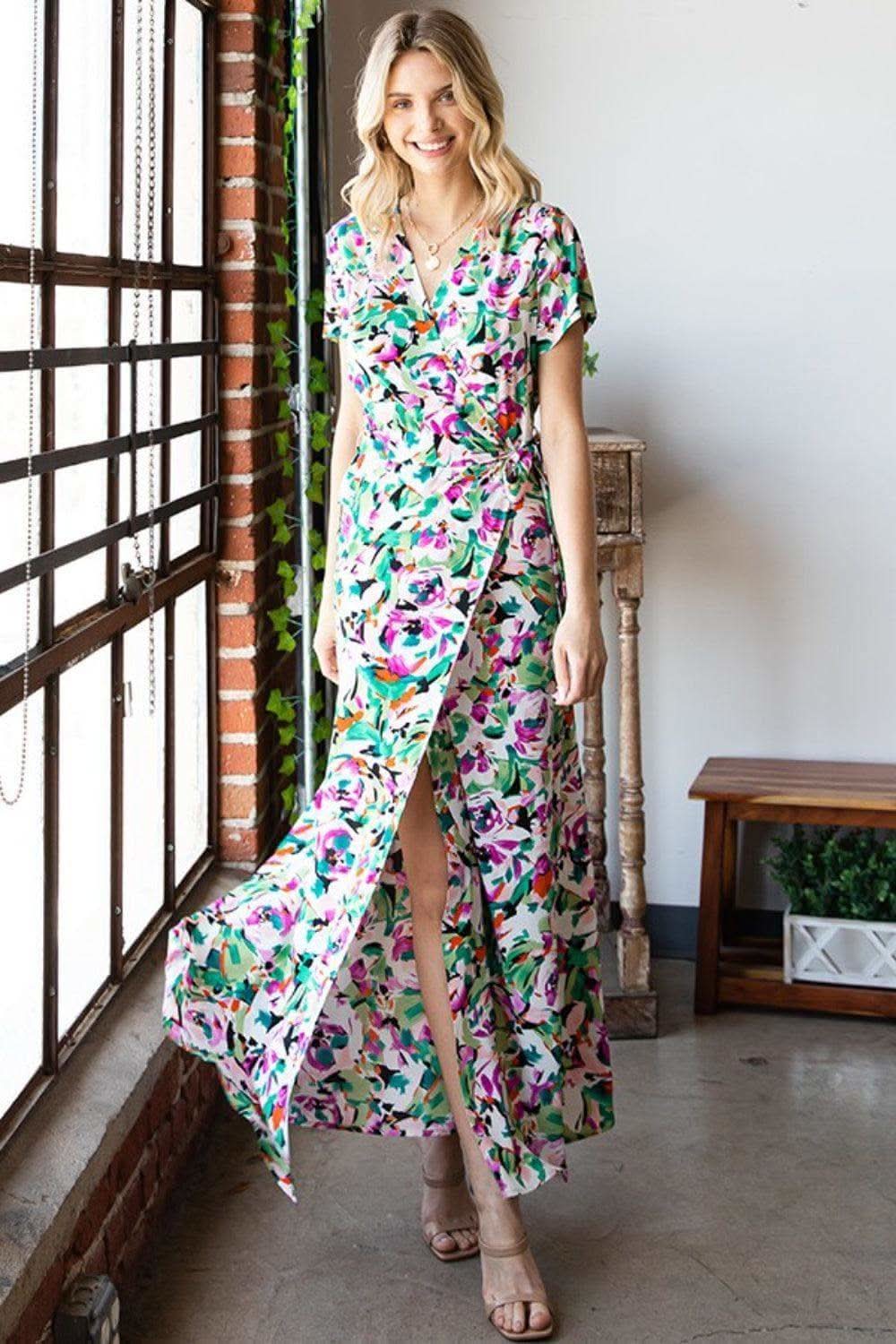 FIRST LOVE Slit Printed Surplice Tie Waist Short Sleeve Dress in MULTI - Dresses photo