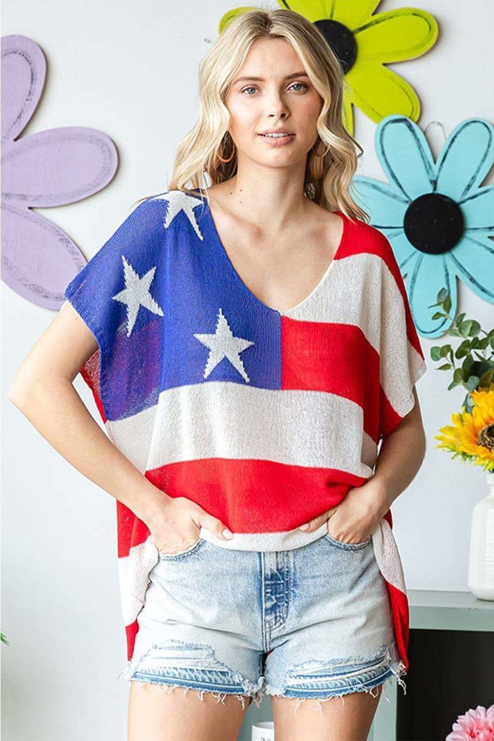 First Love USA Flag Drop Shoulder Knit Top - SwagglyLife Home & Fashion First Love USA Flag Drop Shoulder Knit Top - SwagglyLife Home & Fashion