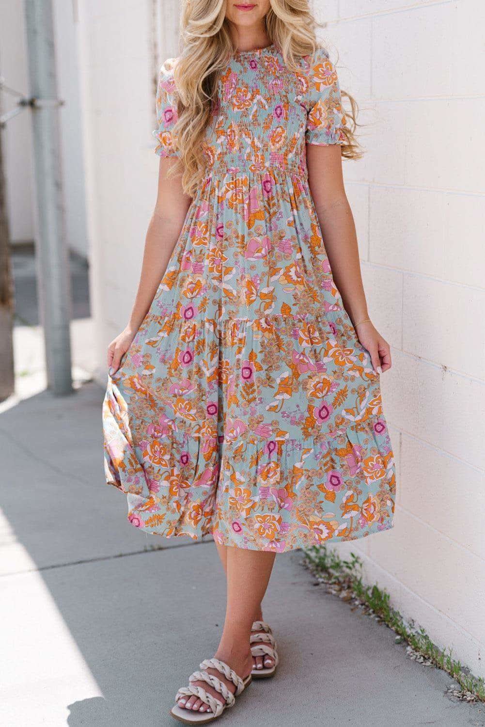 Floral Flounce Sleeve Round Neck Midi Dress in Floral - Dresses photo