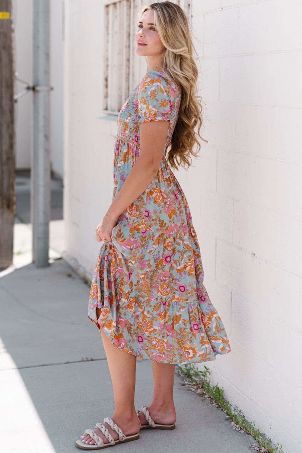 Floral Flounce Sleeve Round Neck Midi Dress in - Dresses photo