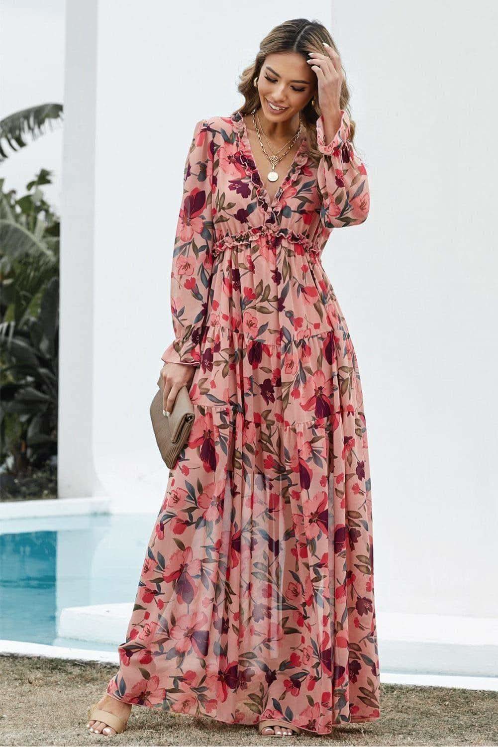 Floral Frill Trim Flounce Sleeve Plunge Maxi Dress - SwagglyLife Home & Fashion Floral Frill Trim Flounce Sleeve Plunge Maxi Dress - SwagglyLife Home & Fashion