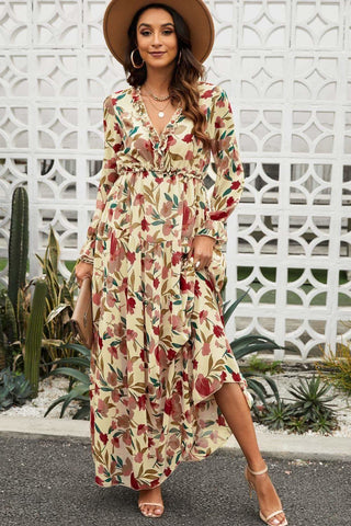 Floral Frill Trim Flounce Sleeve Plunge Maxi Dress - SwagglyLife Home & Fashion Floral Frill Trim Flounce Sleeve Plunge Maxi Dress - SwagglyLife Home & Fashion