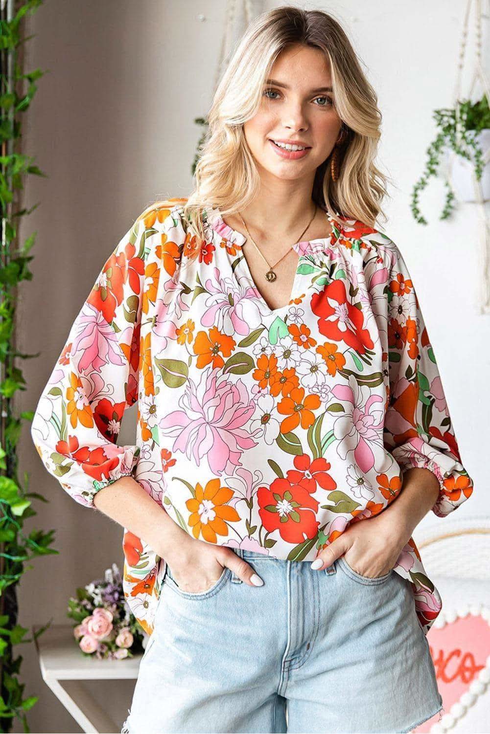 Floral Notched Neck Balloon Sleeve Blouse - SwagglyLife Home & Fashion Floral Notched Neck Balloon Sleeve Blouse - SwagglyLife Home & Fashion