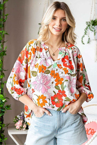 Floral Notched Neck Balloon Sleeve Blouse - SwagglyLife Home & Fashion Floral Notched Neck Balloon Sleeve Blouse - SwagglyLife Home & Fashion