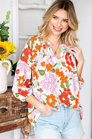 Floral Notched Neck Balloon Sleeve Blouse - SwagglyLife Home & Fashion Floral Notched Neck Balloon Sleeve Blouse - SwagglyLife Home & Fashion