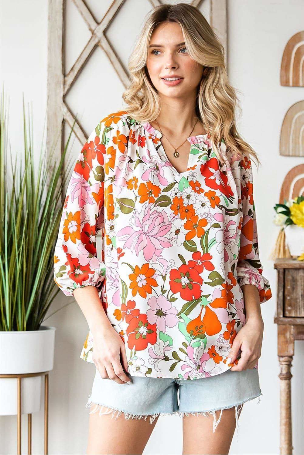 Floral Notched Neck Balloon Sleeve Blouse - SwagglyLife Home & Fashion Floral Notched Neck Balloon Sleeve Blouse - SwagglyLife Home & Fashion