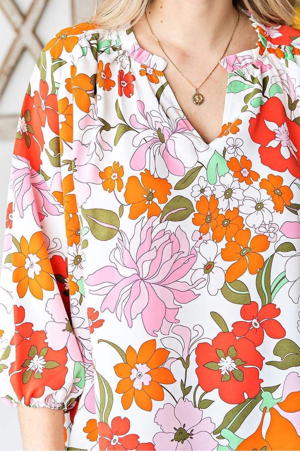 Floral Notched Neck Balloon Sleeve Blouse - SwagglyLife Home & Fashion Floral Notched Neck Balloon Sleeve Blouse - SwagglyLife Home & Fashion