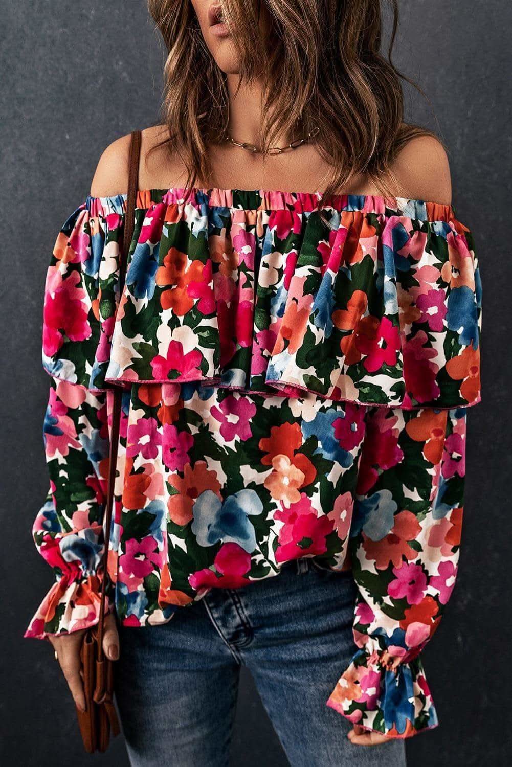 Floral Off-Shoulder Flounce Sleeve Layered Blouse - SwagglyLife Home & Fashion