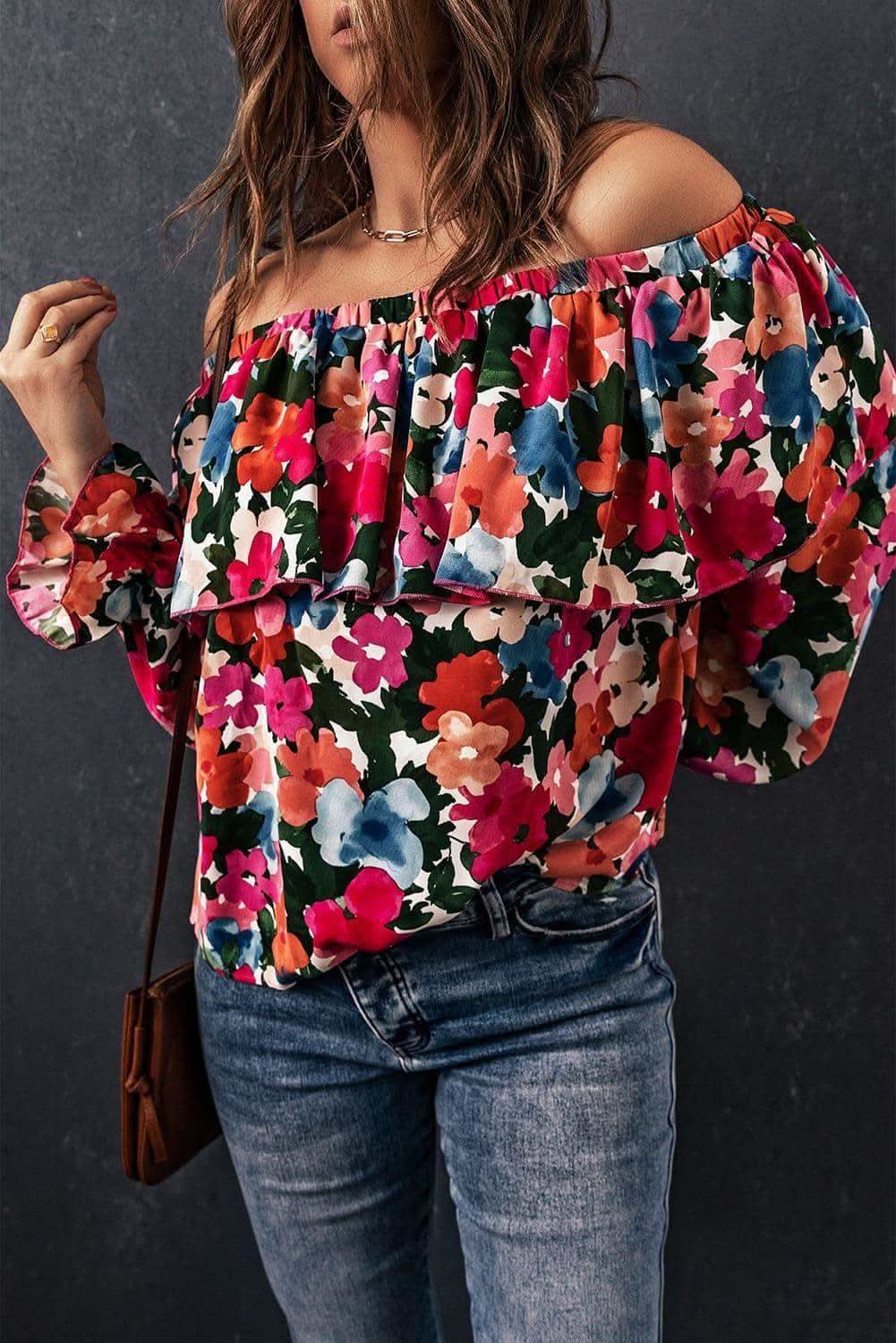 Floral Off-Shoulder Flounce Sleeve Layered Blouse - SwagglyLife Home & Fashion