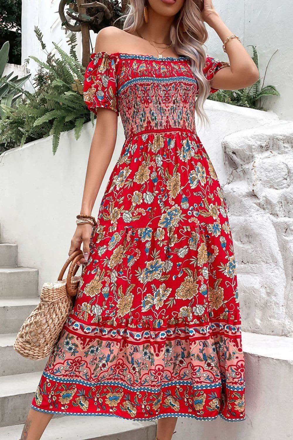 Floral Off-Shoulder Smocked Midi Dress in Deep Red - Dresses photo
