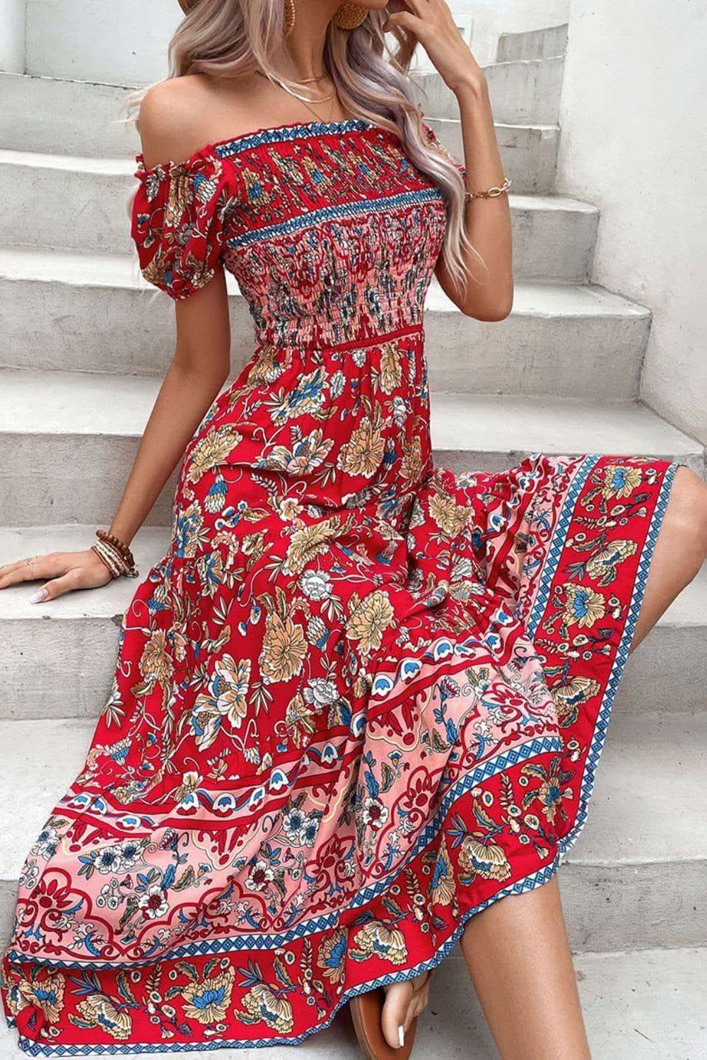 Floral Off-Shoulder Smocked Midi Dress in - Dresses photo