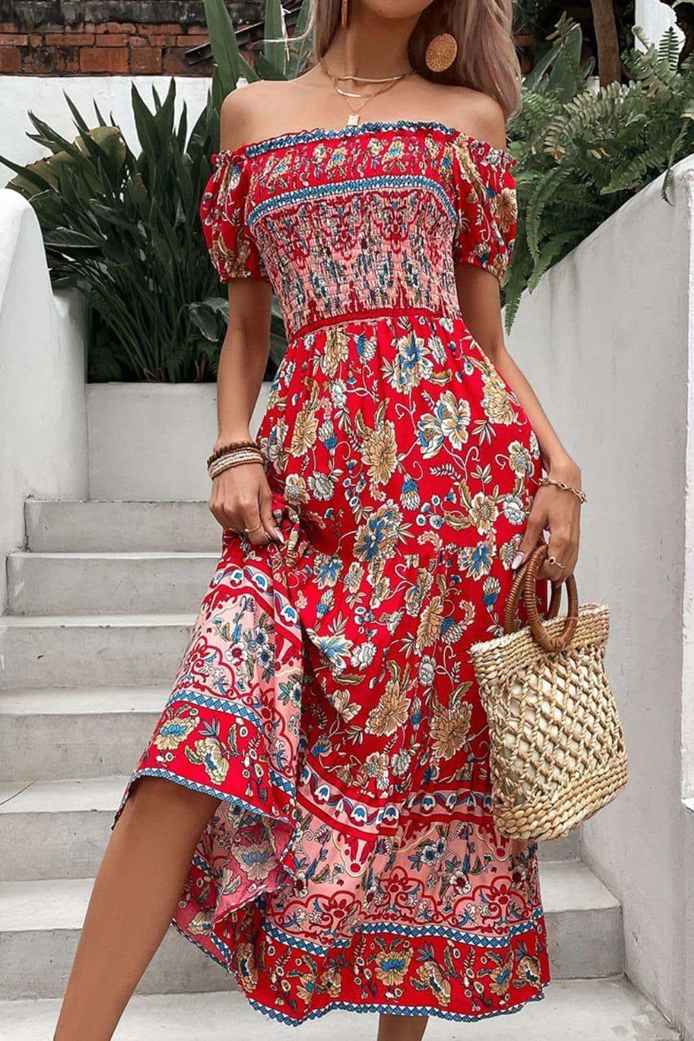 Floral Off-Shoulder Smocked Midi Dress in - Dresses photo