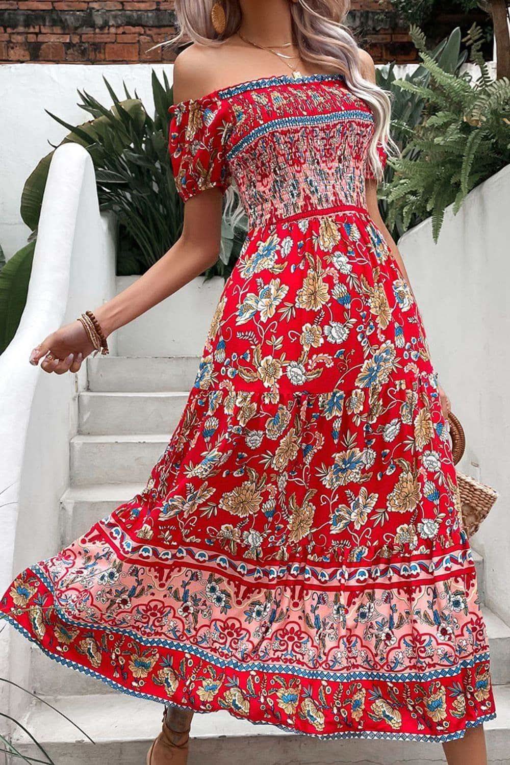 Floral Off-Shoulder Smocked Midi Dress in - Dresses photo