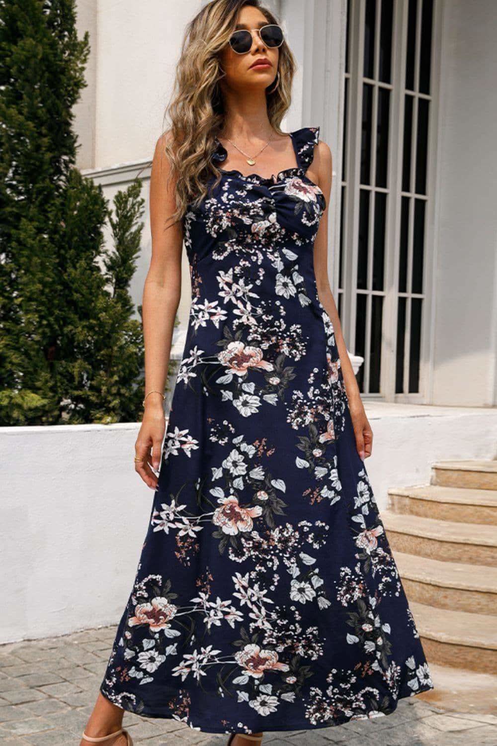 Floral Print Sleeveless Square Neck Slit Midi Dress in - Dresses photo