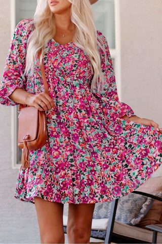 Floral Smocked V-Neck Flounce Sleeve Dress - SwagglyLife Home & Fashion Floral Smocked V-Neck Flounce Sleeve Dress - SwagglyLife Home & Fashion