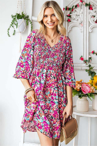 Floral Smocked V-Neck Flounce Sleeve Dress - SwagglyLife Home & Fashion Floral Smocked V-Neck Flounce Sleeve Dress - SwagglyLife Home & Fashion