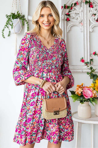 Floral Smocked V-Neck Flounce Sleeve Dress - SwagglyLife Home & Fashion Floral Smocked V-Neck Flounce Sleeve Dress - SwagglyLife Home & Fashion