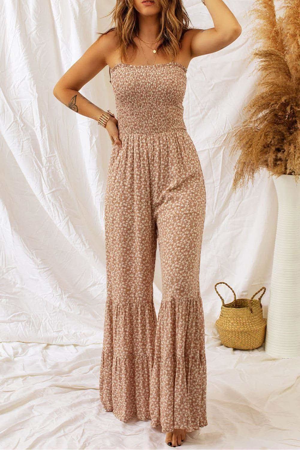 Floral Spaghetti Strap Smocked Wide Leg Jumpsuit - SwagglyLife Home & Fashion Floral Spaghetti Strap Smocked Wide Leg Jumpsuit - SwagglyLife Home & Fashion