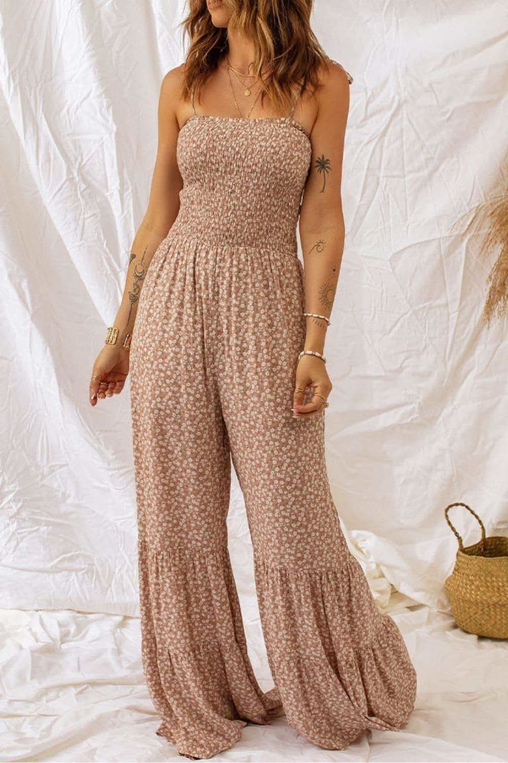 Floral Spaghetti Strap Smocked Wide Leg Jumpsuit - SwagglyLife Home & Fashion Floral Spaghetti Strap Smocked Wide Leg Jumpsuit - SwagglyLife Home & Fashion