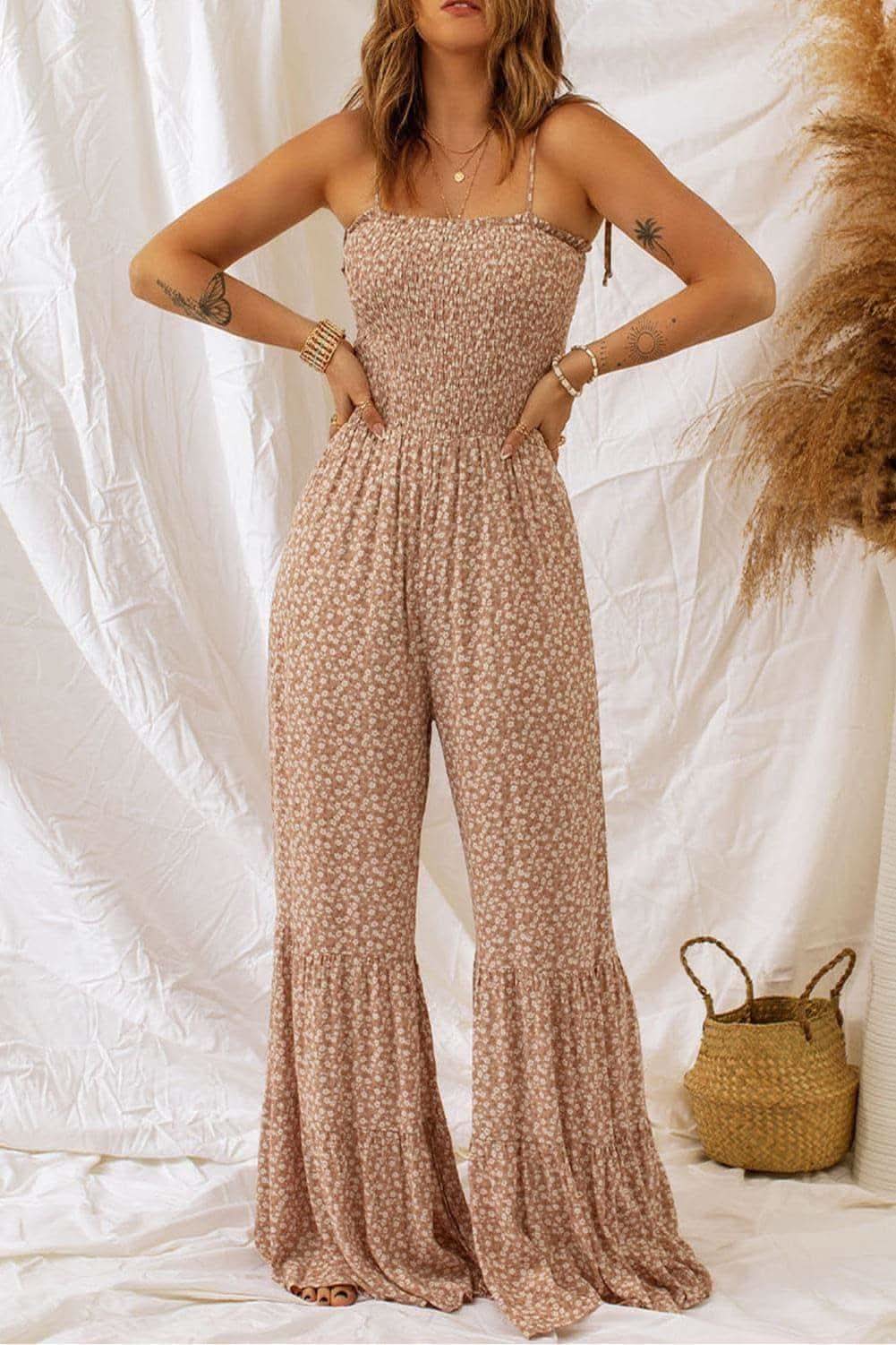 Floral Spaghetti Strap Smocked Wide Leg Jumpsuit - SwagglyLife Home & Fashion Floral Spaghetti Strap Smocked Wide Leg Jumpsuit - SwagglyLife Home & Fashion