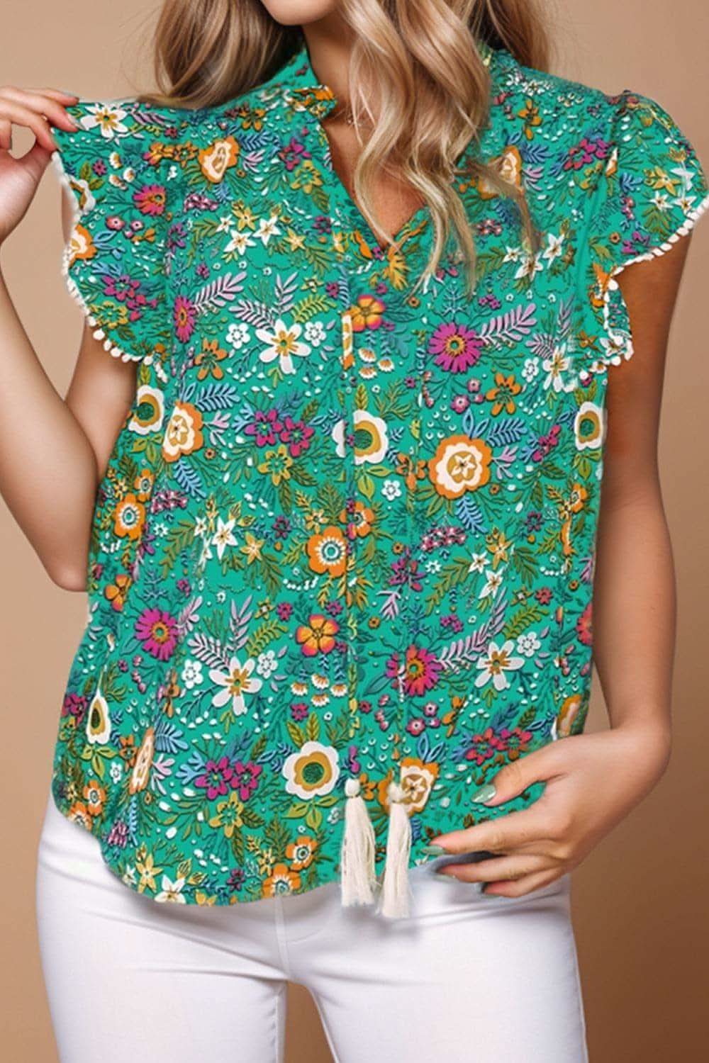 Flower Garden Tassel Printed Cap Sleeve Blouse - SwagglyLife Home & Fashion