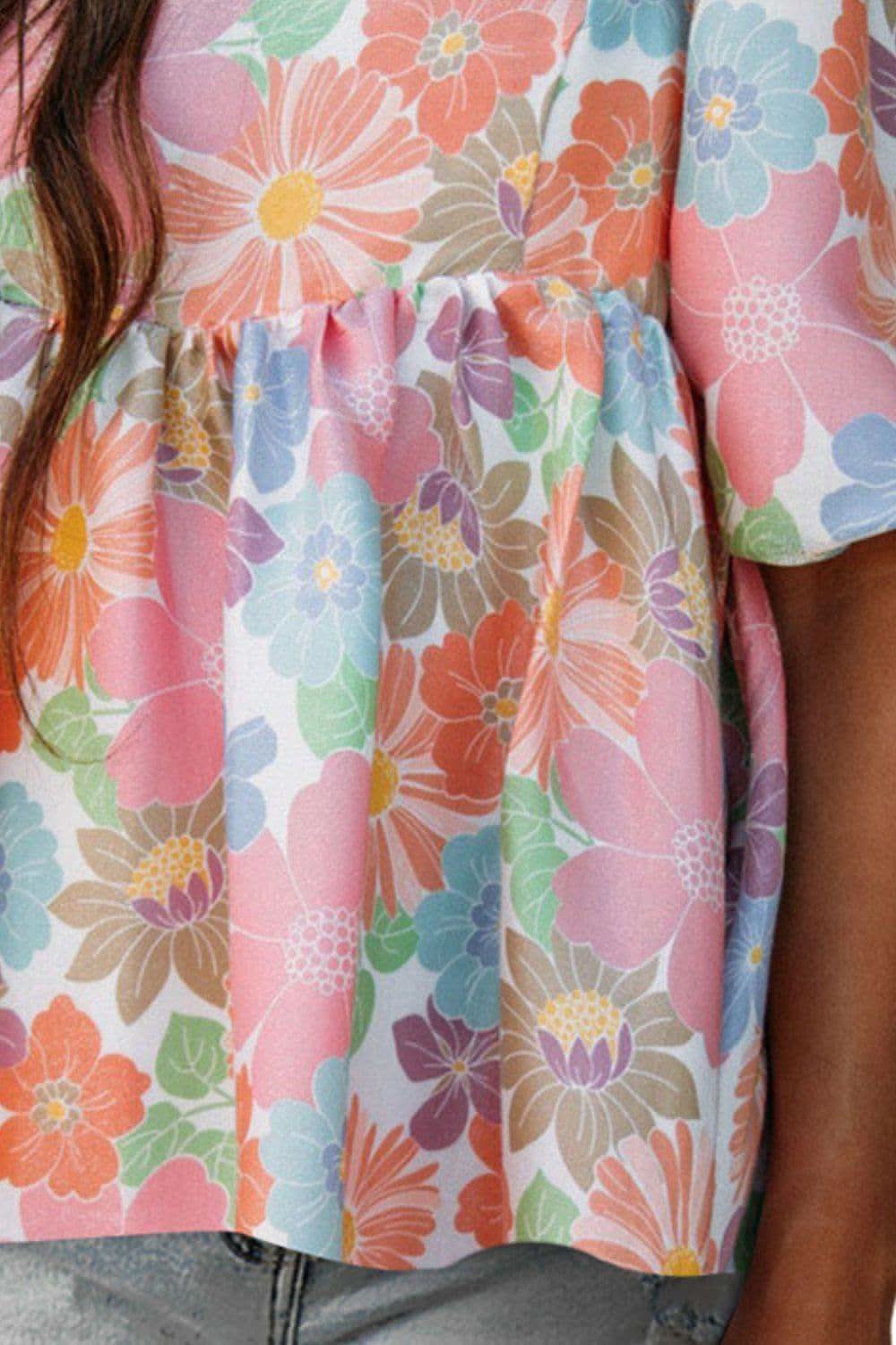 Flower Power Printed Square Neck Half Sleeve Blouse - SwagglyLife Home & Fashion