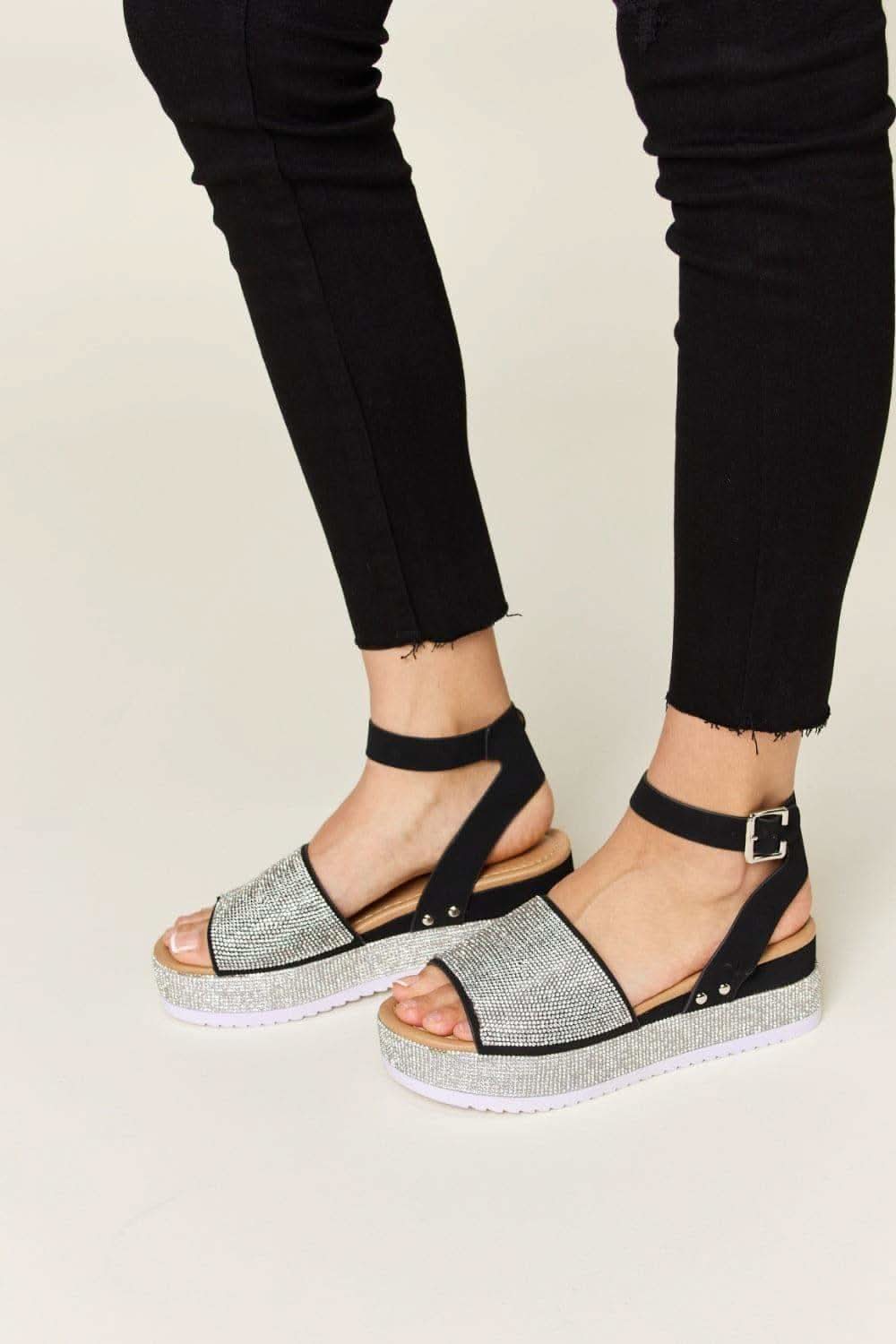 Forever Link Rhinestone Buckle Strappy Wedge Sandals in Black - photo