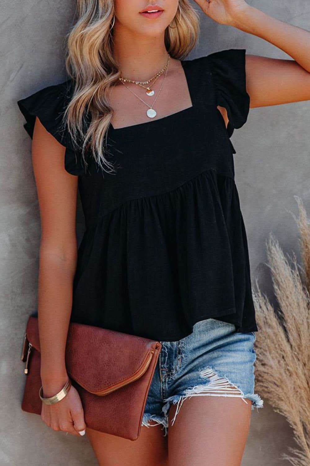 Ruffled Square Neck Cap Sleeve Blouse in Black - photo