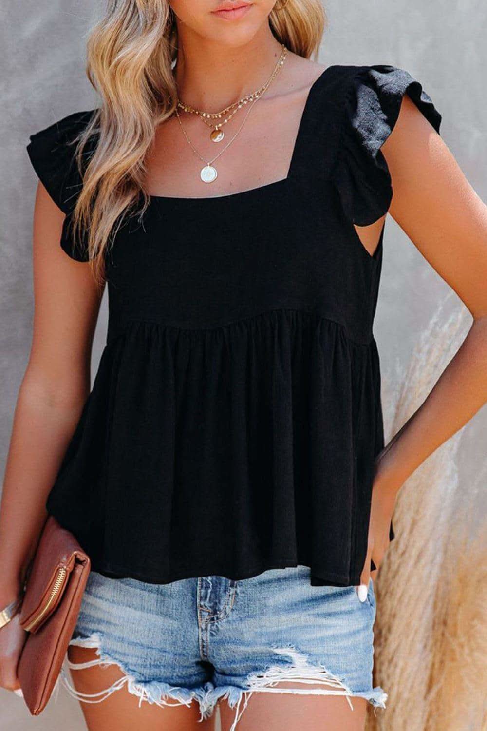 Ruffled Square Neck Cap Sleeve Blouse in - photo