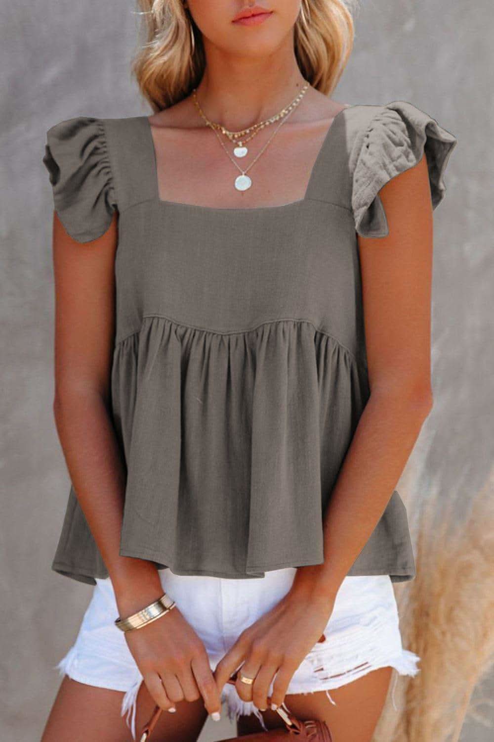 Ruffled Square Neck Cap Sleeve Blouse in Charcoal - photo