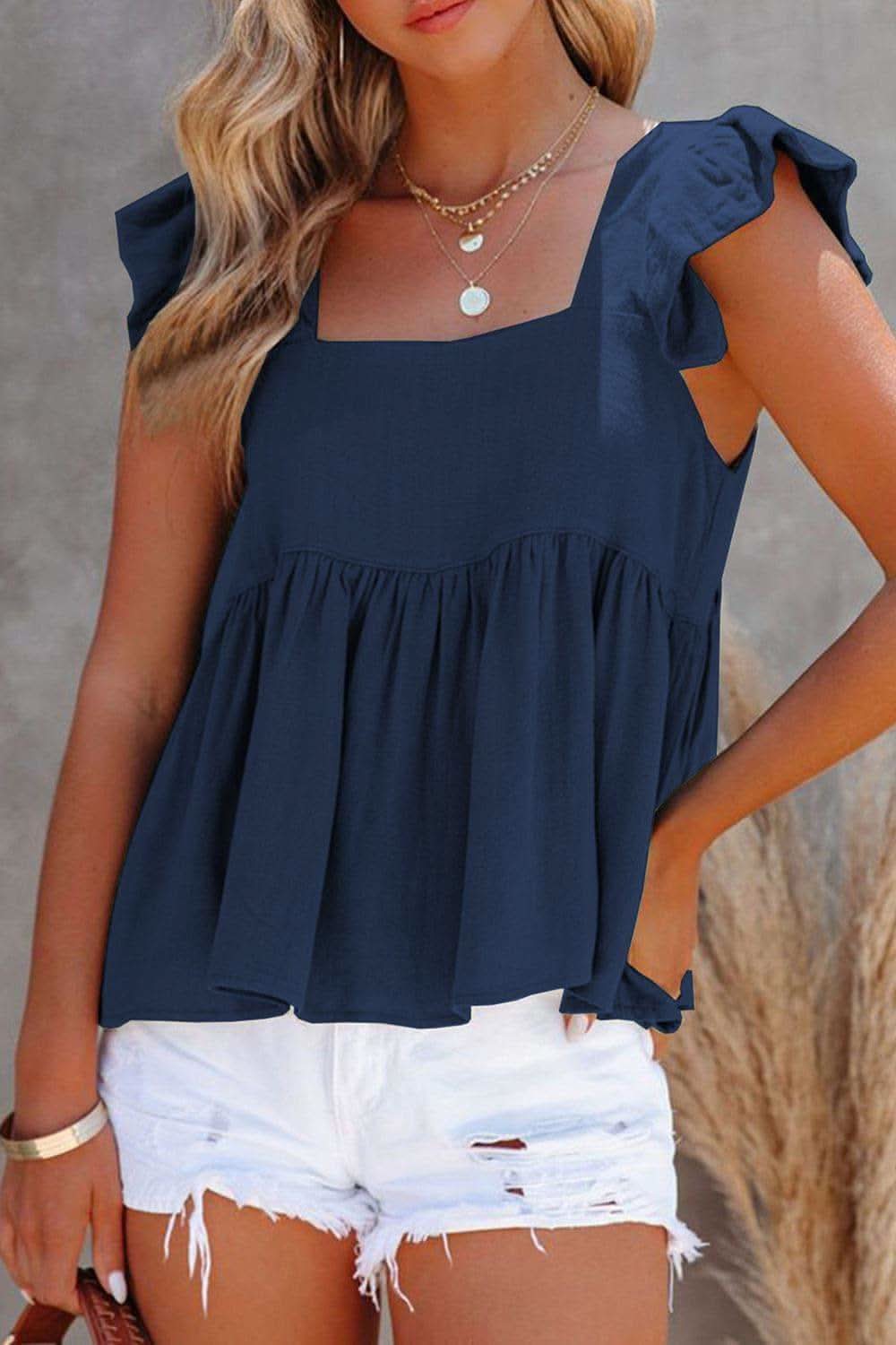 Ruffled Square Neck Cap Sleeve Blouse in Navy - photo